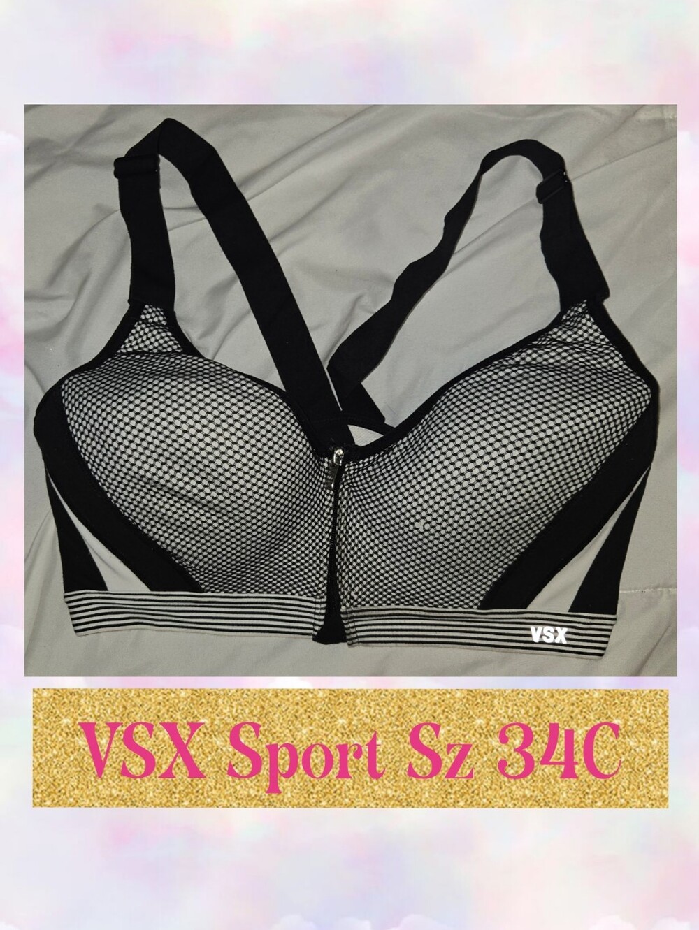 VSX Black & White Mesh Zip-Front High-Support Sports Bra Sz 34C